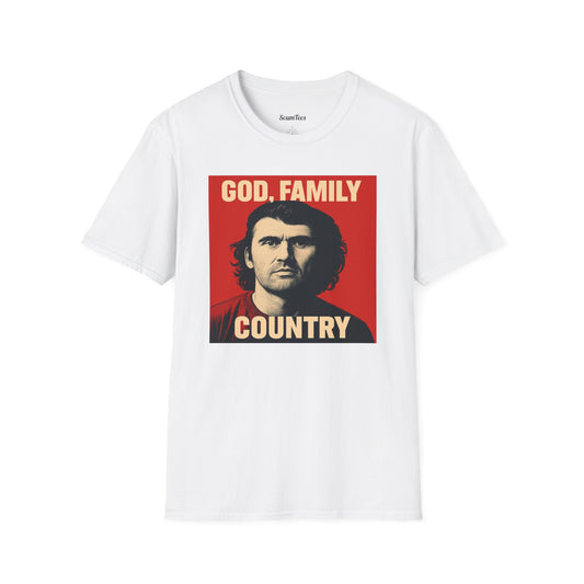 God, Family, Country Unisex Softstyle T-Shirt for Patriotic Wear, Family Gatherings, Holidays, Gifts, Casual Outfits